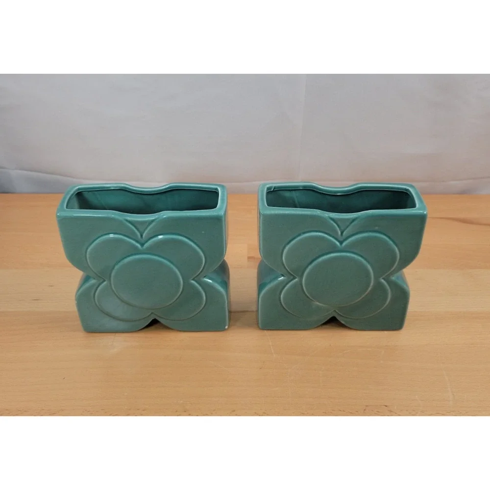 Pair Ceramic Vases Teal Blue Flower Pocket Planter 5” x 5” READ